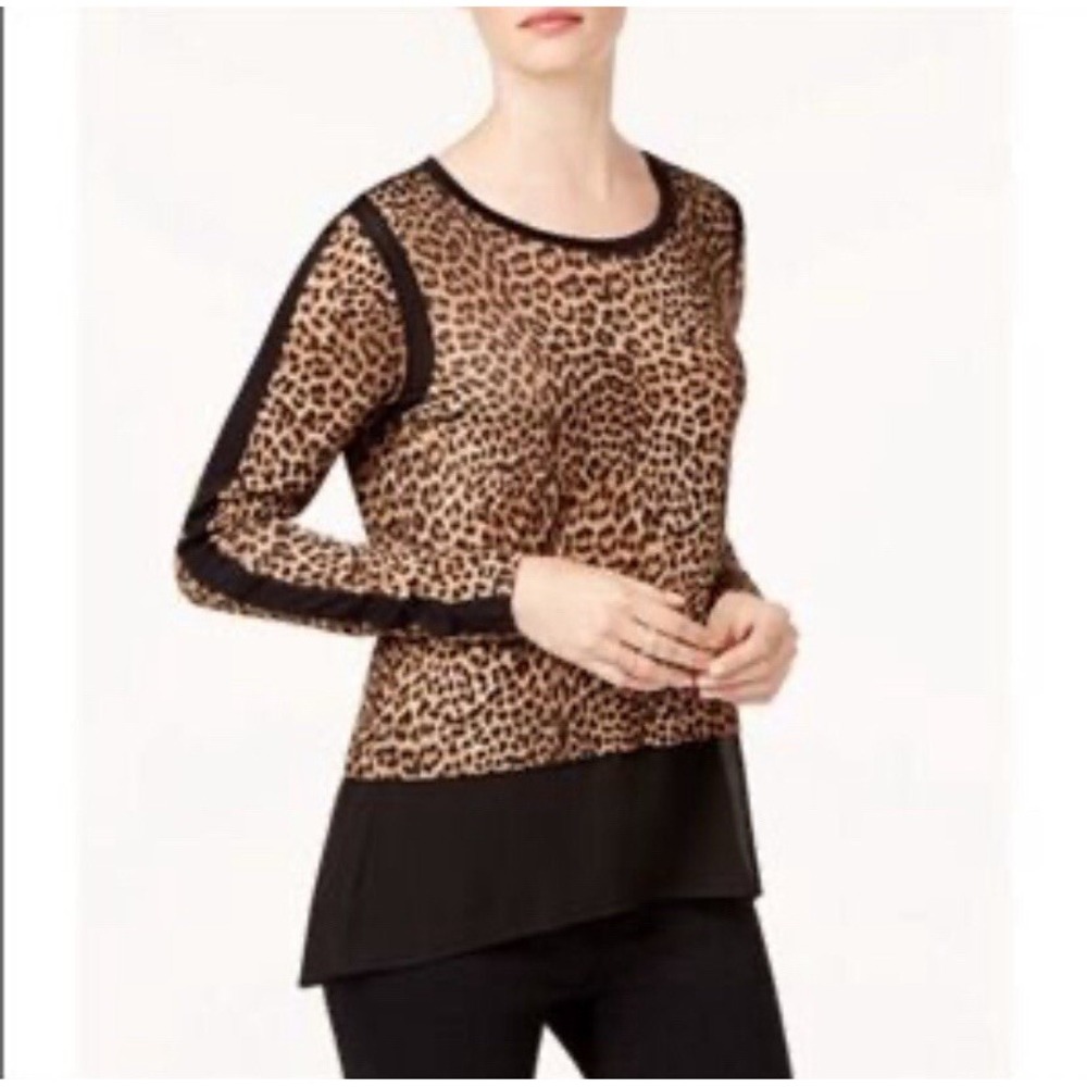 Michael Kors Animal Print Long Sleeve Top With Sheer High Low Hem Size M